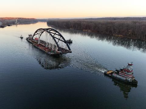 The first section of the $1.7 billion Portal North Bridge leaves Port of Coeymans for use as part of a downstate commuter rail